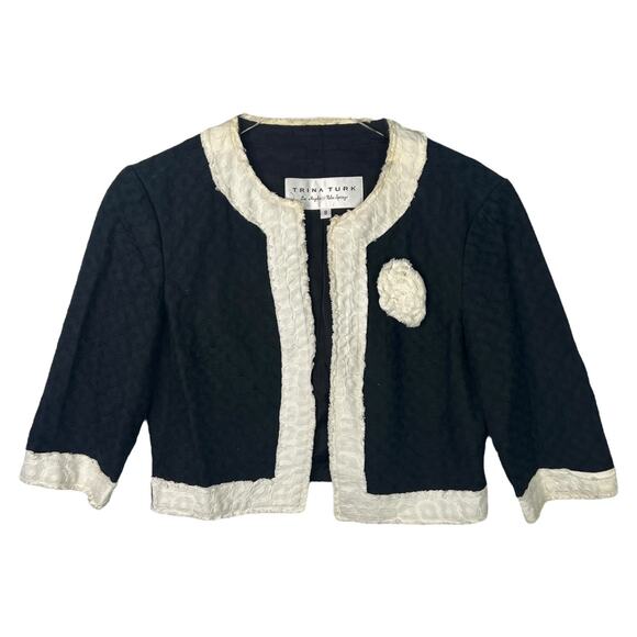 Trina Turk Black White Textured Crop Jacket Vintage Y2K Contrast Trim Flower 8 - Picture 1 of 6